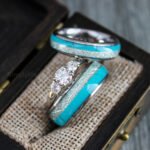 Turquoise Rings, Turquoise Wedding Bands, Silver Tungsten Bands with Meteorite and Turquoise Inlay