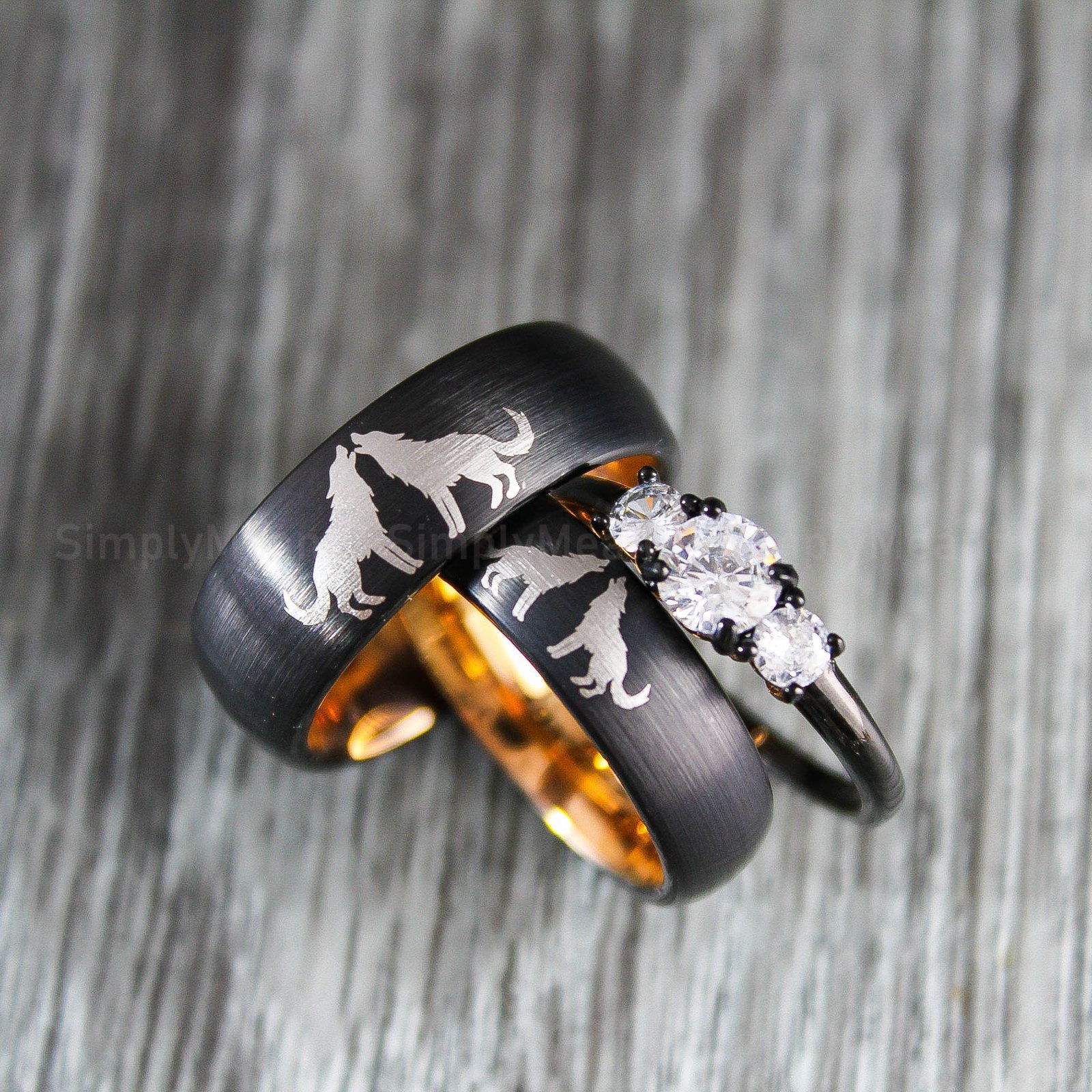 IMG_1728 Wolves Rings, Howling Wolves Wedding Bands, Matching Couple Rings - Image 1