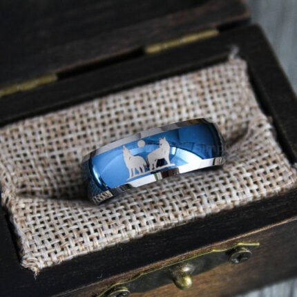 Wolves Ring, Howling Wolves Wedding Band, Wolf Jewelry, Blue Wedding Band