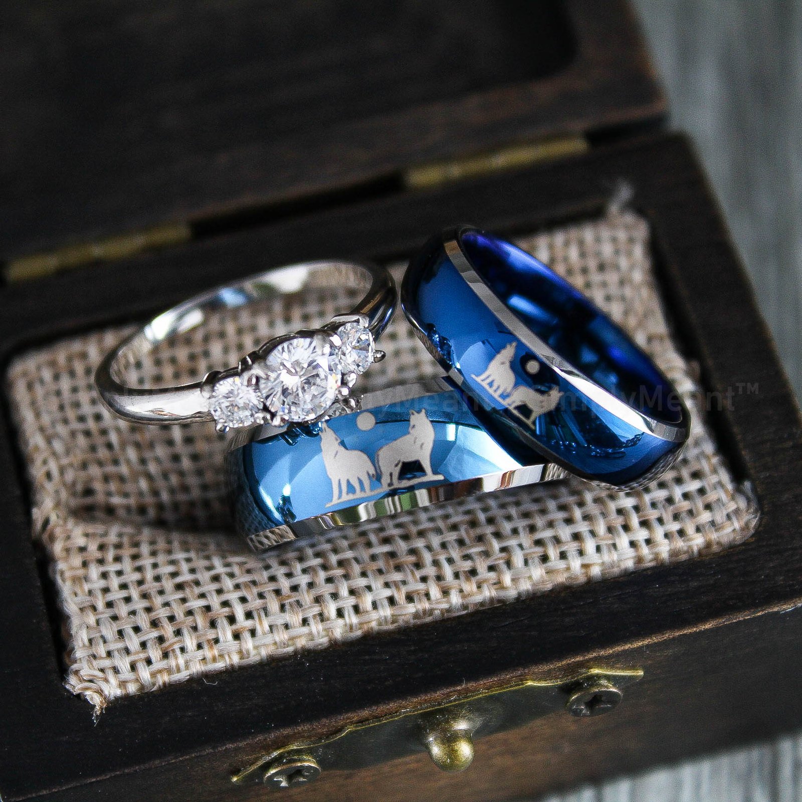 IMG_1757 Wolves Rings, Howling Wolves Wedding Bands, Wolf Jewelry, Blue Wedding Bands - Image 1