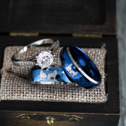 Wolves Rings, Howling Wolves Wedding Bands, Wolf Jewelry, Blue Wedding Bands