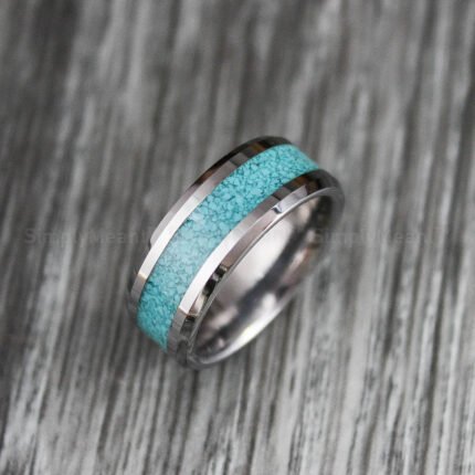 Turquoise Ring, Turquoise Wedding Band, Silver Tungsten Band with Turquoise Inlay