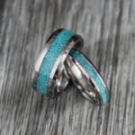 Turquoise Rings, Couple Turquoise Wedding Bands, Silver Tungsten Bands with Turquoise Inlay - Image 3